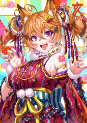 Rule 34 | 1girl, animal ear fluff, animal ears, armlet, bell, blue nails, blush, boar, bow, breasts, brown hair, chinese zodiac, clothing cutout, crossed bangs, fangs, fox ears, fox tail, fur collar, hair bell, hair bow, hair ornament, hair ribbon, hands up, highres, horns, japanese clothes, jingle bell, kimono, large breasts, long hair, looking at viewer, nail polish, obi, open mouth, original, purple eyes, red kimono, red nails, ribbon, sakiyamama, sash, shoulder cutout, sidelocks, signature, smile, solo, star (symbol), tail, tattoo, twintails, wide sleeves, year of the pig