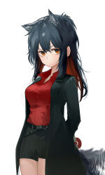 Rule 34 | 1girl, animal ear fluff, animal ears, arknights, black coat, black hair, breasts, closed mouth, coat, collared shirt, commentary request, cowboy shot, gift, gloves, highres, holding, holding gift, jacket, korean commentary, long hair, long sleeves, looking at viewer, medium breasts, official alternate costume, open clothes, open coat, ponytail, red eyes, red gloves, red shirt, runamonet, shirt, short shorts, shorts, simple background, solo, striped clothes, striped shorts, tail, tail wagging, texas (arknights), texas (willpower) (arknights), thigh strap, white background, wing collar, wolf ears, wolf tail