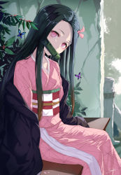 Rule 34 | 1girl, bamboo, bit gag, black cloak, black hair, bug, butterfly, checkered sash, cloak, commentary request, from side, gag, hair ribbon, haori, head tilt, highres, bug, japanese clothes, kamado nezuko, kimetsu no yaiba, kimono, looking at viewer, looking to the side, mouth hold, multicolored hair, on bench, orange hair, outdoors, pink eyes, pink kimono, pink ribbon, ribbon, signature, snozaki, solo, two-tone hair