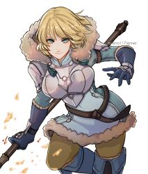 Rule 34 | 1girl, absurdres, armor, blonde hair, blue gloves, breastplate, closed mouth, commentary, english commentary, fire emblem, fire emblem: three houses, fire emblem warriors: three hopes, fur trim, gloves, highres, holding, holding polearm, holding weapon, hood, hood down, ingrid brandl galatea, looking at viewer, nintendo, official alternate costume, official alternate hairstyle, pants, pauldrons, polearm, short hair, shoulder armor, sierra117renner, simple background, solo, spear, twitter username, weapon, white background, yellow pants