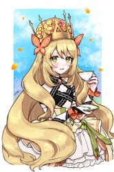 Rule 34 | 1girl, blonde hair, blush, bow, breasts, butterfly hair ornament, celine (fire emblem), choker, cleavage, cleavage cutout, clothing cutout, commentary, crown, cup, dress, dress bow, falling petals, fire emblem, fire emblem engage, frilled dress, frills, gem, green eyes, hair ornament, highres, holding, holding cup, long hair, misato hao, nintendo, open mouth, petals, ribbon, small breasts, smile, teacup, very long hair, wavy hair