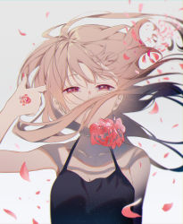 Rule 34 | 1girl, blurry, brown hair, camisole, closed mouth, collarbone, depth of field, flower, half-closed eyes, highres, index finger raised, long hair, looking at viewer, nail polish, original, petals, pointing, pointing at self, red eyes, red flower, red nails, red rose, rose, rose petals, solo, tatsumi3, upper body, wind