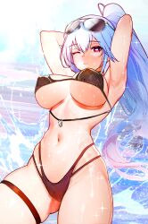 Rule 34 | 1girl, ;), absurdres, armpit crease, armpits, arms behind head, art undertaker, bikini, black bikini, blue hair, breasts, cameltoe, closed mouth, closers, commentary, covered erect nipples, cowboy shot, dot nose, english commentary, eyewear on head, from below, gluteal fold, hair intakes, high ponytail, highleg, highleg swimsuit, highres, large breasts, long hair, looking at viewer, mirae (closers), navel, o-ring, one eye closed, red eyes, smile, solo, sparkle, swimsuit, thigh strap, thighs, underboob, variant set, water, wet