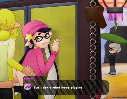Rule 34 | against wall, anus, ass, ass grab, blonde hair, callie (splatoon), clothes pull, earrings, english text, hair ornament, highres, inkling player character, jewelry, male inkling, marie (splatoon), nintendo, no panties, penis, pointy ears, pussy, rsinnamonroll (artist), shorts, shorts pull, splatoon (series), splatoon 2, tentacle hair, vaginal