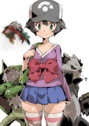 Rule 34 | 1girl, 3boys, :/, bag, breasts, chesnaught, cleavage, creatures (company), curvy, expressionless, game freak, gen 6 pokemon, green eyes, grey hair, hawlucha, highres, holding, holding bag, looking at viewer, miniskirt, multiple boys, nintendo, original, pangoro, poke ball, poke ball (basic), pokemon, pokemon (creature), puchidori, serious, shiny skin, short hair, skirt, small breasts, smile, white background, wide hips, wings