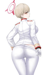 Rule 34 | 1girl, ass, bags under eyes, blonde hair, blue archive, breasts, cameltoe, from behind, gloves, green eyes, halo, highres, large breasts, looking back, looking down, marina (blue archive), military, military uniform, pants, parted lips, poorgom, shiny clothes, short hair, sideboob, solo, tight clothes, tight pants, uniform