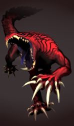 Rule 34 | absurdres, akapii (jun 0512), blue eyes, claws, full body, grey background, highres, monster, monster hunter (series), monster hunter: world, no humans, odogaron, open mouth, sharp teeth, simple background, solo, teeth, tongue