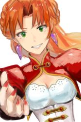 Rule 34 | 1girl, braid, earrings, grandia, grandia ii, green eyes, grin, jewelry, lio (lune24), long hair, looking at viewer, millenia (grandia), nail polish, orange hair, outstretched hand, parted bangs, parted lips, smile, solo, white background