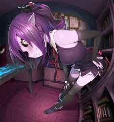 Rule 34 | 1girl, bare shoulders, black ribbon, black sclera, black thighhighs, blush, book, bookshelf, boots, bow, breasts, brick wall, bridal gauntlets, bulletin board, chest of drawers, collared dress, colored sclera, colored skin, commentary request, dress, fang, fisheye, from side, greatmosu, grin, hair ribbon, highres, leaning forward, looking at viewer, looking to the side, medium breasts, musume (yuunama), pointy ears, profile, purple dress, purple footwear, purple hair, purple skin, red bow, red neckwear, ribbon, sleeveless, sleeveless dress, smile, solo, standing, table, thighhighs, v yuusha no kuse ni namaiki da r, white eyes, wooden floor, yuusha no kuse ni namaiki da