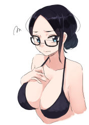 Rule 34 | 1girl, bare shoulders, bikini, black bikini, black hair, blue eyes, blush, breasts, cleavage, closed mouth, hair bun, highres, large breasts, looking at viewer, original, parted bangs, rucchiifu, simple background, single hair bun, solo, squiggle, swimsuit, upper body, white background