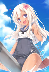 Rule 34 | 10s, 1girl, blonde hair, blue eyes, blush, crop top, flower, hair flower, hair ornament, heart, kantai collection, long hair, looking at viewer, one-piece swimsuit, open mouth, ro-500 (kancolle), ryo (botugo), sailor collar, school swimsuit, school uniform, serafuku, smile, solo, swimsuit, swimsuit under clothes, tan, tanline, torpedo, water