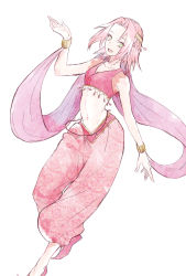 Rule 34 | 1girl, :d, bare arms, breasts, cleavage, collarbone, earrings, green eyes, harem outfit, harem pants, haruno sakura, highres, jewelry, looking at viewer, medium hair, midriff, naruto (series), naruto shippuuden, navel, open mouth, pants, pink footwear, pink hair, pink pants, print pants, sash, simple background, small breasts, smile, solo, stomach, suzu (tg 390), white background