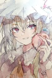 Rule 34 | 1girl, absurdres, apple, ascot, blonde hair, collared shirt, flandre scarlet, food, fruit, hat, highres, holding, holding food, holding fruit, kamu kotan, looking at viewer, mob cap, portrait, red apple, red eyes, red vest, shirt, short hair, smile, touhou, traditional media, vest, white headwear, wrist cuffs, yellow ascot