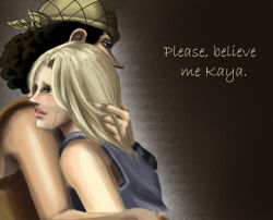 Rule 34 | 1boy, 1girl, bandana, bare shoulders, big nose, black hair, blonde hair, blush, character name, crying, crying with eyes open, curly hair, english text, hand on another&#039;s head, hat, hug, kaya (one piece), medium hair, msprinklez, one piece, short hair, tears, usopp, wavy hair