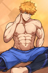 Rule 34 | 1boy, abs, absurdres, bara, blue lock, blue shorts, bulge, closed mouth, hand on own neck, highres, kunigami rensuke, kuroshinki, large pectorals, leggings, male focus, muscular, muscular male, navel, nipples, orange eyes, orange hair, pectorals, short hair, shorts, solo, topless male