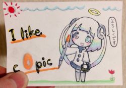 Rule 34 | 0-chan (keigozoo), 1girl, :d, aqua eyes, blue eyes, blush stickers, chibi, company name, drawing, english text, flower, gradient hair, graphite (medium), grey thighhighs, hair rings, halo, heterochromia, holding, ink blender, looking at viewer, marker (medium), multicolored eyes, multicolored hair, open mouth, orange eyes, original, oversized object, personification, photo (medium), purple eyes, rainbow hair, short hair with long locks, simple background, smile, solo, standing, sun, tape, tareme, thighhighs, traditional media, translation request, white background, white hair, zettai ryouiki, zoo (keigozoo)