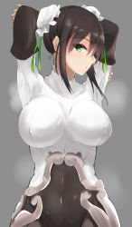 Rule 34 | 1girl, absurdres, arms up, black hair, blush, bodysuit, breasts, bun cover, covered erect nipples, covered navel, double bun, fate/grand order, fate (series), fingerless gloves, gloves, green eyes, hair bun, highres, large breasts, looking at viewer, negi seijin, qin liangyu (fate), sidelocks, skin tight, solo, steam, steaming body
