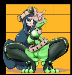 Rule 34 | 10s, 1girl, ass, asui tsuyu, black eyes, black hair, bodysuit, boku no hero academia, breasts, covered erect nipples, curvy, female focus, frog girl, gloves, highres, large breasts, long hair, looking at viewer, smile, solo, squatting, uirou-zazami