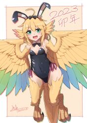 Rule 34 | 1girl, 2023, animal ears, bird ears, bird legs, bird tail, black headband, black leotard, blush, bow, bowtie, breasts, chinese zodiac, covered navel, cue (lindwrum), dated, detached collar, fake animal ears, fang, feathers, green eyes, hair between eyes, harpy, headband, highres, leotard, long hair, monster girl, open mouth, original, playboy bunny, rabbit ears, skin fang, small breasts, solo, tail, talons, winged arms, wings, year of the rabbit, yellow feathers, yellow wings