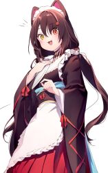 Rule 34 | 1girl, :d, apron, brown hair, choker, fangs, frilled apron, frills, hair between eyes, heterochromia, highres, inui toko, japanese clothes, kimono, long hair, long sleeves, looking at viewer, nijisanji, open mouth, red eyes, red skirt, simple background, skirt, smile, solo, sukuna136, twintails, virtual youtuber, white background, yellow eyes