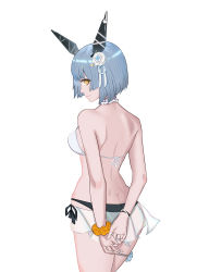 Rule 34 | 1girl, absurdres, arms behind back, azur lane, bare back, bikini, blue hair, blue nails, breasts, closed mouth, feet out of frame, flower, from side, gascogne (azur lane), gascogne (tropical environs acclimation service equipment) (azur lane), hair flower, hair ornament, hairclip, highres, huangmao, light smile, looking at viewer, medium breasts, nail polish, official alternate costume, short hair, sideboob, solo, standing, swimsuit, white background, white bikini, yellow eyes