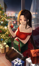 Rule 34 | 1girl, black pantyhose, blurry, blurry background, breasts, brown hair, chiya (inae129), christmas, christmas ornaments, cleavage, closed mouth, collarbone, commentary, dress, gift, highres, jewelry, large breasts, light particles, long hair, looking at viewer, necklace, night, off-shoulder dress, off shoulder, original, pantyhose, red eyes, seiza, shadow, sitting, smile, snowflakes, very long hair, window
