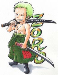 Rule 34 | 1boy, character name, chibi, dual wielding, green hair, holding, male focus, marker (medium), moamoa (etsu1443), one-eyed, one piece, robe, roronoa zoro, smile, solo, sword, traditional media, weapon