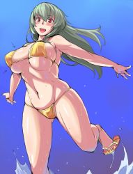 Rule 34 | 1girl, bikini, blue background, blush, breasts, gradient background, large breasts, long hair, navel, open mouth, outstretched arms, red eyes, rozen maiden, sandals, silver hair, simple background, solo, suigintou, swimsuit, tsuda nanafushi, water, yellow bikini