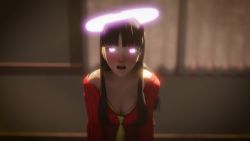 Rule 34 | 1girl, 20s, 3d, amagi yukiko, amateurthrowaway, animated, atlus, black hair, blender (medium), blush, breasts, cleavage, downblouse, female focus, glowing, glowing eyes, hairband, halo, highres, hime cut, hypnosis, indoors, long hair, long sleeves, looking at viewer, looping animation, megami tensei, mind control, open mouth, persona, persona 4, persona 4: dancing all night, persona dancing, pink eyes, red sweater, shin megami tensei, sidelocks, small breasts, solo, straight hair, submission, sweater, tongue, video