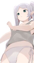 Rule 34 | 1girl, :o, camisole, elf, frieren, green eyes, grey camisole, highres, hiroki (yyqw7151), panties, pointy ears, side-tie panties, simple background, solo, sousou no frieren, twintails, underwear, white background