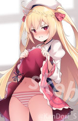Rule 34 | 1girl, ahoge, azur lane, blonde hair, blush, braid, clenched teeth, clothes lift, commission, crescent, crescent (azur lane), crescent necklace, embarrassed, french braid, frilled skirt, frills, hat, highres, jewelry, kandori, long hair, necklace, panties, pendant, ribbon, sailor hat, skeb commission, skirt, skirt lift, striped clothes, striped panties, teeth, twintails, twitter username, underwear, watermark