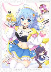 Rule 34 | 4girls, :d, ahoge, bare shoulders, beret, blue eyes, blue hair, blue skirt, breasts, chibi, choker, collarbone, crop top, double bun, fang, frilled shirt, frilled skirt, frills, hair ornament, hat, highres, holding, jacket, long hair, long sleeves, looking at viewer, medium breasts, midriff, miniskirt, monitor, multiple girls, navel, notebook, off shoulder, open clothes, open jacket, open mouth, original, pen, picpicgram, shirt, skirt, sleeveless, sleeveless shirt, smile, star (symbol), stomach, thighhighs, white headwear, white jacket, white legwear, x hair ornament, zettai ryouiki
