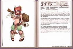 Rule 34 | 1girl, blue eyes, brown hair, character profile, club (weapon), english text, female goblin, flat chest, goblin, goblin (monster girl encyclopedia), hard-translated, horns, kenkou cross, looking at viewer, monster girl, monster girl encyclopedia, navel, official art, petite, pointy ears, third-party edit, translated, weapon