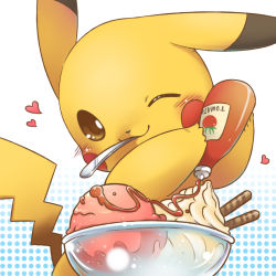 Rule 34 | bad food, bad id, bad pixiv id, blush, bowl, creatures (company), food, game freak, gen 1 pokemon, heart, holding, ice cream, jimmy2929, ketchup, mouth hold, nintendo, no humans, one eye closed, pikachu, pokemon, pokemon (anime), pokemon (classic anime), pokemon (creature), pokemon ep042, polka dot, polka dot background, solo, spoon, tail, utensil in mouth, wink