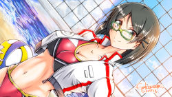Rule 34 | 1girl, alternate costume, ball, beach, bikini, black hair, blue sky, breasts, cleavage, cloud, collarbone, commentary request, day, dutch angle, gakuzan, glasses, green-framed eyewear, grey eyes, hair ornament, hairclip, holding, holding ball, jacket, kantai collection, kirishima (kancolle), large breasts, light blush, navel, ocean, open clothes, open jacket, outdoors, red bikini, short hair, signature, sky, smile, solo, swimsuit, volleyball, volleyball (object), volleyball net, white jacket