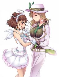 Rule 34 | 10s, 2girls, age difference, akai mi ga bakuhatsu shita, angel wings, belt, blush, breasts, brown hair, character request, choker, dress, drooling, earrings, fake halo, false smile, female pervert, formal, gloves, hairband, halo, hat, holding hands, idolmaster, idolmaster cinderella girls, jewelry, large breasts, long hair, multiple girls, munakata atsumi, necktie, onee-loli, open mouth, pants, pervert, shaded face, short hair, simple background, smile, suit, trembling, white background, wings, yuri