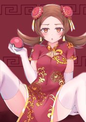 Rule 34 | 1girl, :o, alternate costume, arm support, blush, brown eyes, brown hair, bun cover, chinese clothes, cleavage cutout, clothing cutout, commentary request, covered navel, creatures (company), dress, elbow gloves, eyelashes, game freak, gloves, highres, holding, holding poke ball, huziiro matutya, long hair, lyra (pokemon), m legs, nintendo, poke ball, poke ball (basic), pokemon, pokemon hgss, red dress, sitting, solo, spread legs, thighhighs, twintails, white gloves, white thighhighs