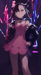 Rule 34 | 1girl, absurdres, alley, aqua eyes, asymmetrical hair, bag, black choker, black hair, black jacket, breasts, building, choker, closed mouth, creatures (company), dress, frown, game freak, hand on own hip, highres, holding, holding bag, jacket, light blush, long hair, looking at viewer, marnie (pokemon), modare, neon lights, night, nintendo, off shoulder, pendant choker, pink dress, pokemon, pokemon swsh, short dress, single bare shoulder, small breasts, solo, twintails