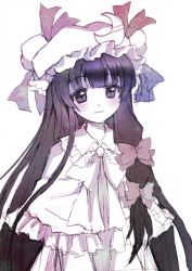 Rule 34 | 1girl, bad id, bad pixiv id, ballpoint pen (medium), blunt bangs, blush, bow, capelet, crescent, female focus, hair bow, hat, long hair, mauve, mixed media, monochrome, patchouli knowledge, purple eyes, purple hair, simple background, solo, touhou, traditional media, very long hair