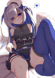Rule 34 | 1girl, :q, absurdres, amane kanata, amane kanata (work), angel, angel wings, batarop, beret, black panties, blue hair, blue thighhighs, colored inner hair, empty eyes, feet, frills, grey hair, hair ornament, hairclip, hat, highres, hololive, jewelry, licking lips, long hair, multicolored hair, necklace, panties, pantyshot, pouch, purple eyes, shaded face, shirt, single thighhigh, sitting, sleeveless, sleeveless shirt, smile, solo, thigh pouch, thigh strap, thighhighs, tongue, tongue out, two side up, underwear, virtual youtuber, white background, wings