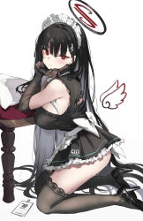 Rule 34 | 1girl, absurdres, apron, back bow, black dress, black footwear, black gloves, black hair, black thighhighs, blue archive, blush, bow, breasts, bright pupils, commentary request, dress, elbow gloves, frilled dress, frills, gloves, hair ornament, hairclip, halo, high heels, highres, id card, kneeling, lace, lace-trimmed legwear, lace-trimmed thighhighs, lace trim, large breasts, long hair, maid apron, maid headdress, red eyes, rio (blue archive), solo, thighhighs, timo wei95, very long hair, white pupils