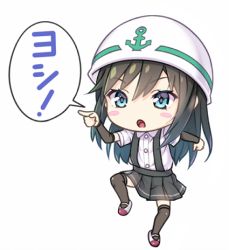 Rule 34 | 1girl, arm warmers, asashio (kancolle), black hair, black skirt, black thighhighs, blue eyes, blush stickers, buttons, collared shirt, full body, futaba channel, genba neko (meme), gotou hisashi, hair between eyes, hard hat, helmet, kantai collection, long hair, lowres, meme, open mouth, pleated skirt, pointing, shadow, shirt, short sleeves, simple background, skirt, solo, standing, standing on one leg, suspender skirt, suspenders, thighhighs, translation request, white background, white headwear, white shirt