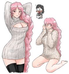 Rule 34 | !, 2girls, alternate costume, anne (path to nowhere), barefoot, black hair, braid, breasts, cleavage, cleavage cutout, clothing cutout, glasses, iron (path to nowhere), jrnc23, large breasts, long hair, multiple girls, path to nowhere, pink hair, sweater, thighhighs, yuri