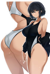 Rule 34 | 1girl, absurdres, ass, breasts, clothes around waist, competition swimsuit, green eyes, highleg, highres, jacket, jacket around waist, jacket partially removed, large breasts, maruyaa (malya1006), one-piece swimsuit, original, short hair, swimsuit