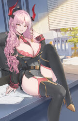 Rule 34 | 1girl, absurdres, belt, black belt, black coat, black thighhighs, blue archive, breasts, chinese commentary, cleavage, coat, coin, commentary request, demon horns, fingernails, highres, horns, huge breasts, indoors, liu lan, long hair, long sleeves, looking at viewer, mole, mole on breast, no halo, open mouth, pink hair, red eyes, red horns, satsuki (blue archive), sitting, smile, solo, thighhighs, window blinds