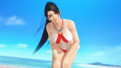 Rule 34 | 1girl, 3d, beach, bikini, black hair, breasts, brown eyes, cleavage, cloud, cowboy shot, dead or alive, dead or alive xtreme venus vacation, dutch angle, jewelry, large breasts, leaning forward, long hair, looking at viewer, medium breasts, momiji (ninja gaiden), necklace, ocean, official art, outdoors, parted lips, ponytail, sky, solo, swimsuit