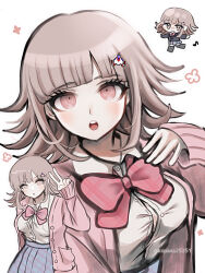 1girl :o alternate_costume artist_name blunt_bangs blush bow bowtie brown_hair chibi collared_shirt cowboy_shot danganronpa_(series) danganronpa_2:_goodbye_despair dress_shirt flipped_hair galaga hair_ornament ikemen&#039;na_ore-shi jacket long_sleeves medium_hair miniskirt multiple_views nanami_chiaki open_clothes open_jacket pink_bow pink_bowtie pink_eyes pink_jacket plaid_clothes plaid_skirt pleated_skirt shirt shirt_tucked_in skirt white_background