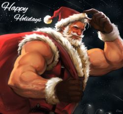 Rule 34 | 1boy, bara, bare arms, beard, body hair, brown gloves, chest hair, christmas, dopey (dopq), dutch angle, facial hair, fur-trimmed gloves, fur trim, gift bag, gloves, happy holidays, hat, highres, lamppost, large pectorals, looking at viewer, male focus, manly, muscular, muscular male, mustache, night, outdoors, overwatch, overwatch 1, pectorals, reinhardt (overwatch), santa costume, santa hat, simple background, sleeveless, snowing, solo, suspenders, topless male, upper body, white hair