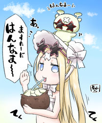 Rule 34 | 1girl, abigail williams (fate), abigail williams (swimsuit foreigner) (fate), abigail williams (swimsuit foreigner) (third ascension) (fate), bare arms, bare shoulders, bendy straw, bikini, blonde hair, blue eyes, blue sky, blush, bonnet, character request, cloud, crossed bandaids, day, drinking straw, fate/grand order, fate (series), fruit cup, hand up, highres, long hair, looking at viewer, neon-tetora, on head, outdoors, pink-framed eyewear, red-framed eyewear, sky, star-shaped pupils, star (symbol), sunglasses, swimsuit, symbol-shaped pupils, translation request, upper body, very long hair, white bikini, white headwear