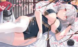 Rule 34 | 1girl, azur lane, basil (st 1), breast curtains, cherry blossoms, china dress, chinese clothes, cosplay, dress, garter straps, gloves, half gloves, incense burner, looking at viewer, lying, neckwear between breasts, on side, pelvic curtain, red eyes, revealing clothes, see-through sleeves, see-through, short hair, sirius (azur lane), sirius (azur lane) (cosplay), sirius (azure horizons) (azur lane), solo, branch, two-tone leotard, white gloves, white hair